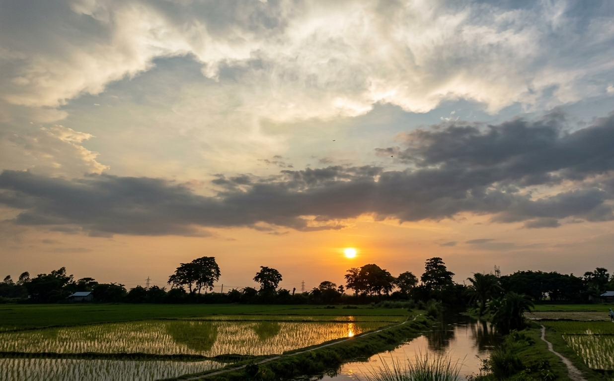 মেঘের চাদরে সূর্যাস্তের মিষ্টি ওম, ভীমপুর, ভারত