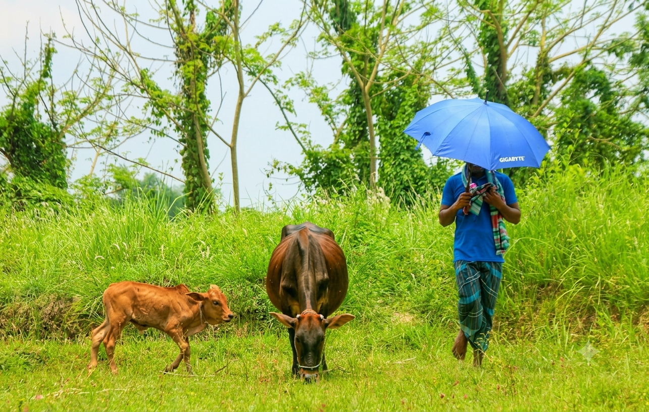 তপ্ত দুপুরে মাঠে ঘাস খাচ্ছে বাছুরসহ গাভি, পাশে ছাতা মাথায় গৃহস্থ